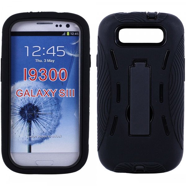 Wholesale Samsung Galaxy S3 / i9300 Armor Hybrid Case with Kickstand (Black-Black)